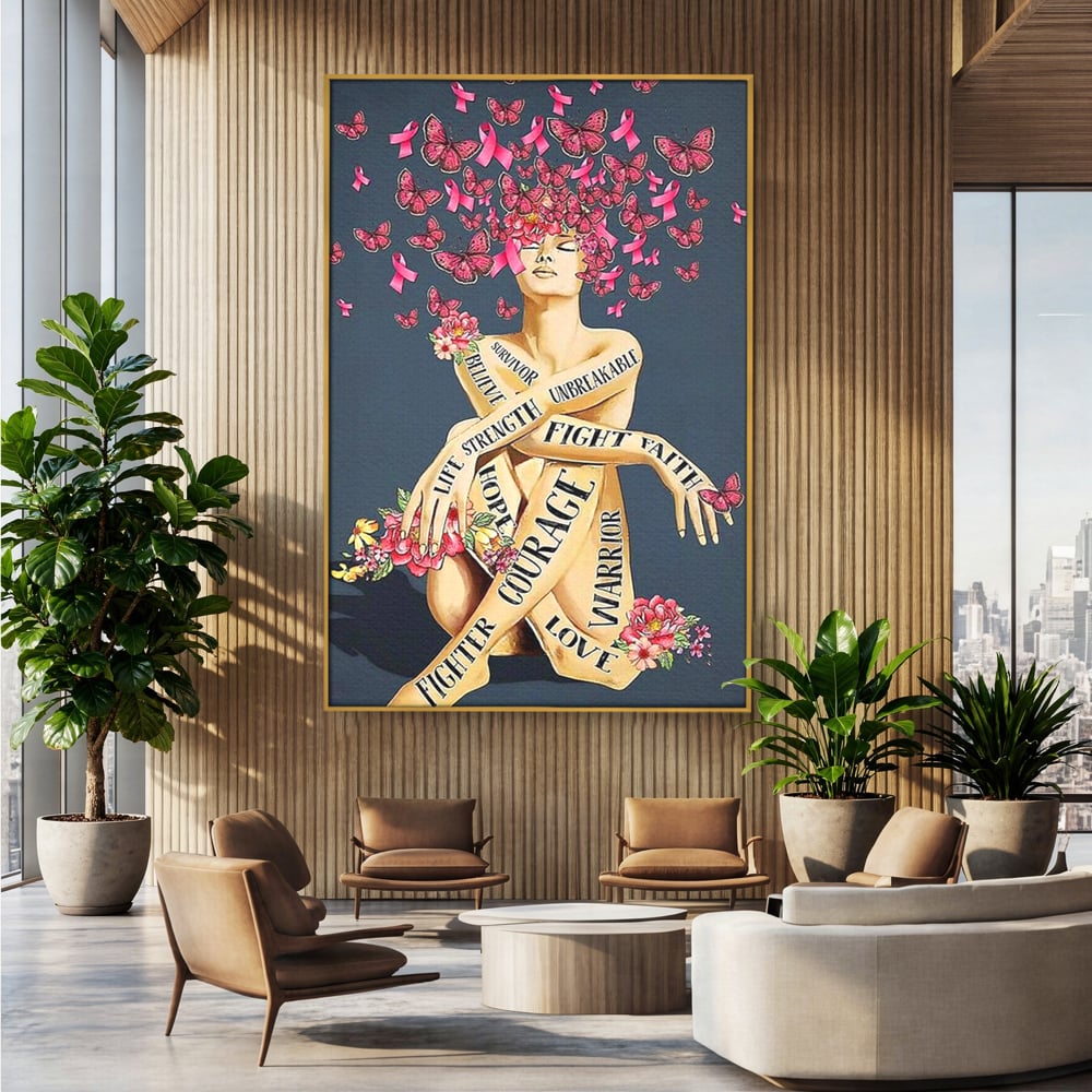 Tablou canvas cu tablou canvas cu portret de femeie si flori, in rama de aluminiu auriu, pe perete intr-un birou